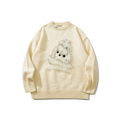 BIGGOLD American New Year Flocked Cute Dog Red Sweater for Women, Autumn/Winter Couple Round Neck Knit Top