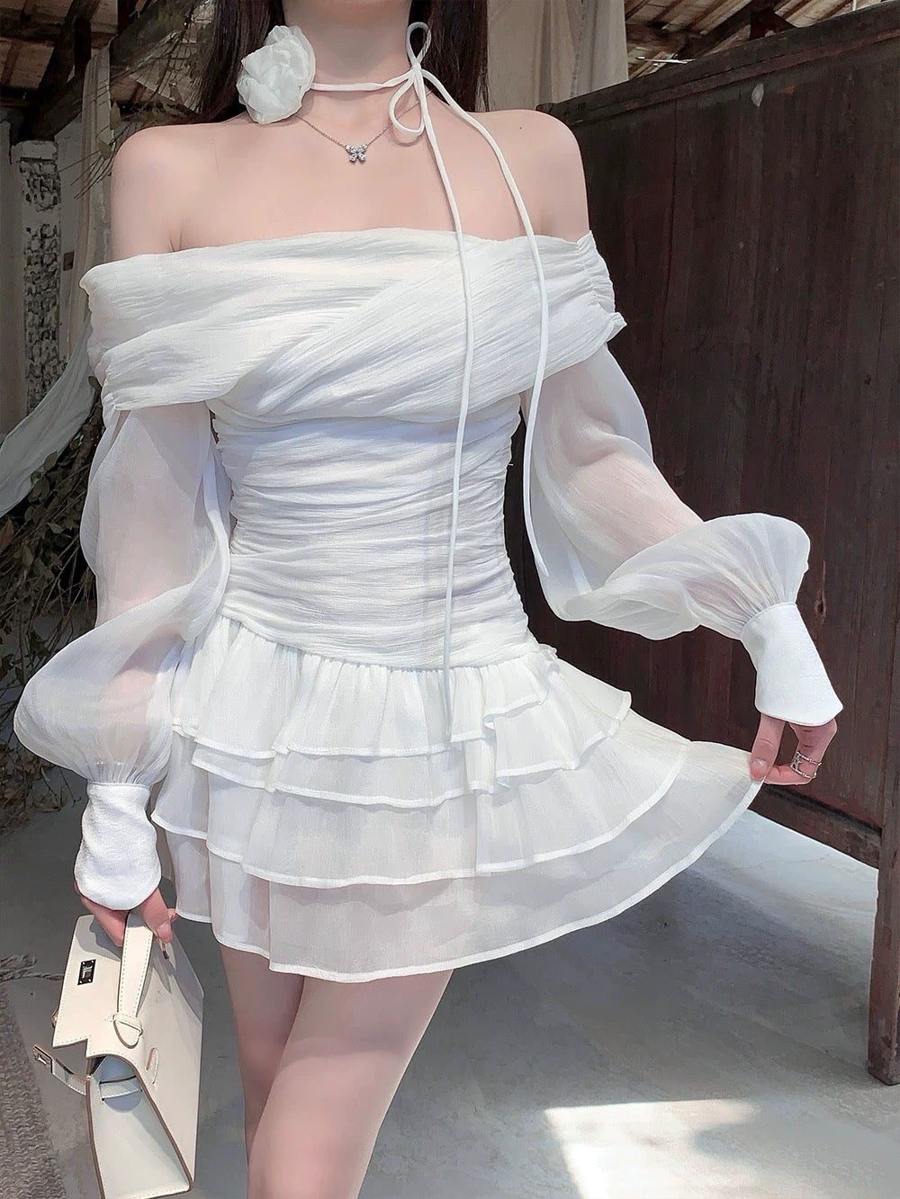 FairyJiang summer new one-shoulder cake white dress leggings shorts two-piece set with flowers