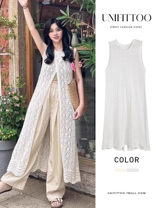 White sleeveless shirt dress women's summer 2025 new knitted vest dress generous and decent layered long skirt