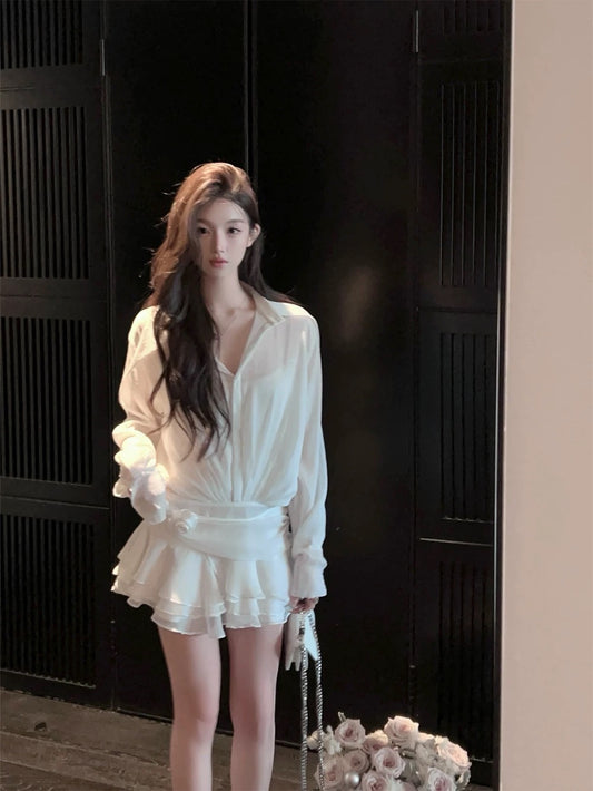 FairyJiang summer new white shirt dress waist strapped cake skirt short skirt with camisole