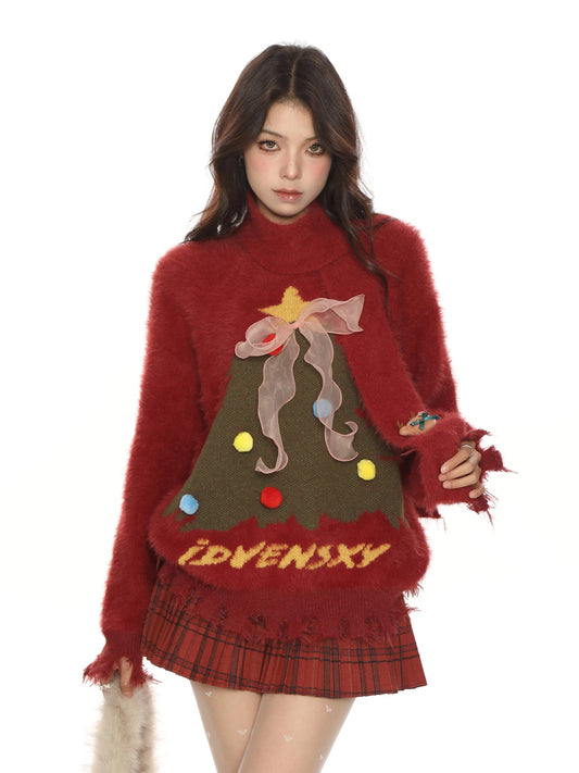BIGGOLD Christmas-themed red sweater with scarf, women's autumn/winter style, soft and cozy mohair top.