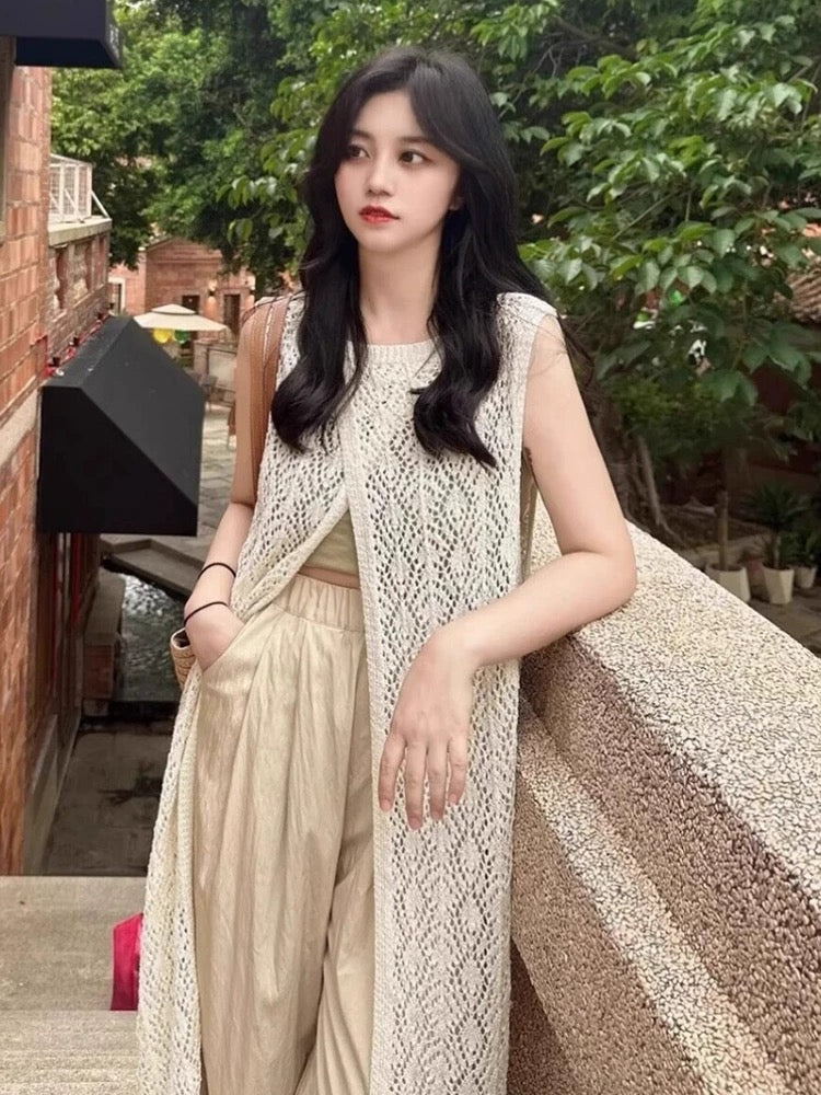 White sleeveless shirt dress women's summer 2025 new knitted vest dress generous and decent layered long skirt