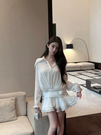 FairyJiang summer new white shirt dress waist strapped cake skirt short skirt with camisole