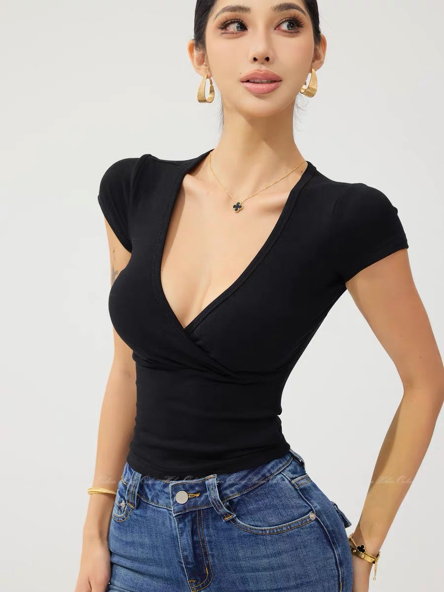 HELEN/Basic Style Pure and Sexy V-Neck Hot Girl T-Shirt, Feminine Slim Fit Waist-Defining Elegant Versatile Short-Sleeve Top