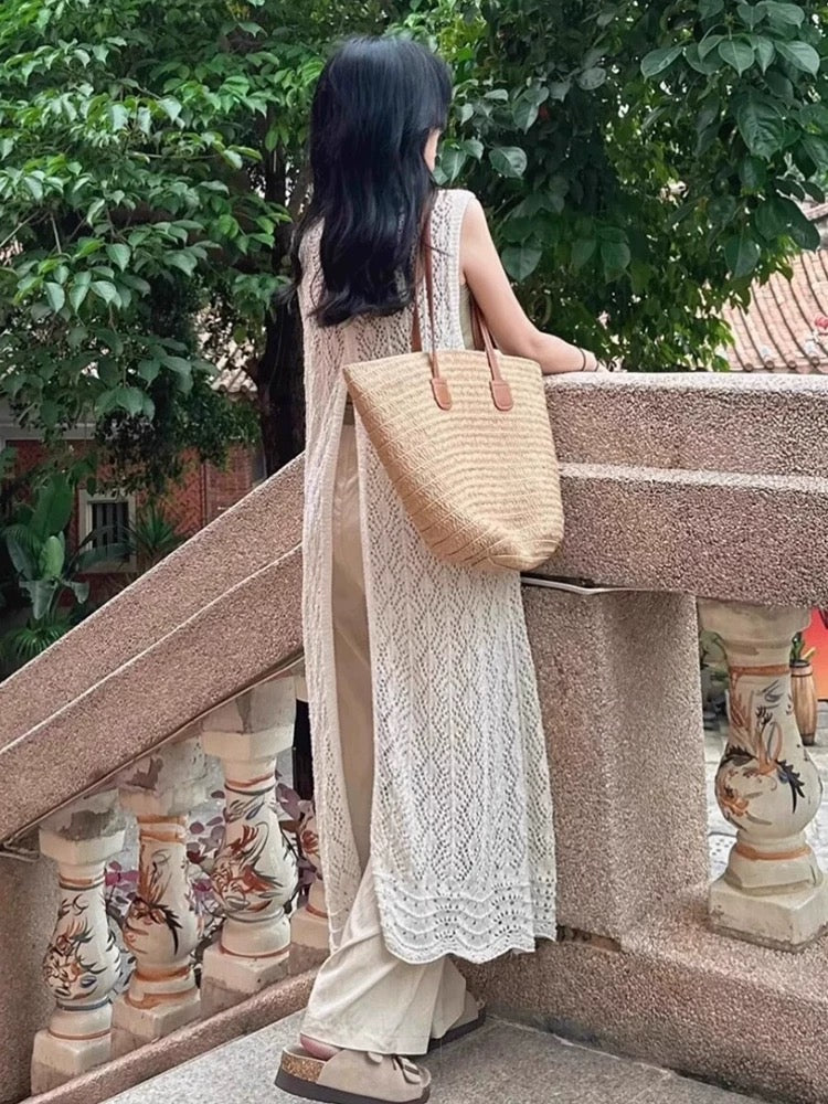 White sleeveless shirt dress women's summer 2025 new knitted vest dress generous and decent layered long skirt