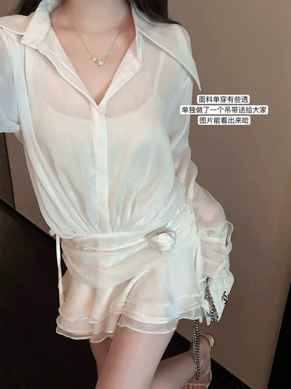 FairyJiang summer new white shirt dress waist strapped cake skirt short skirt with camisole