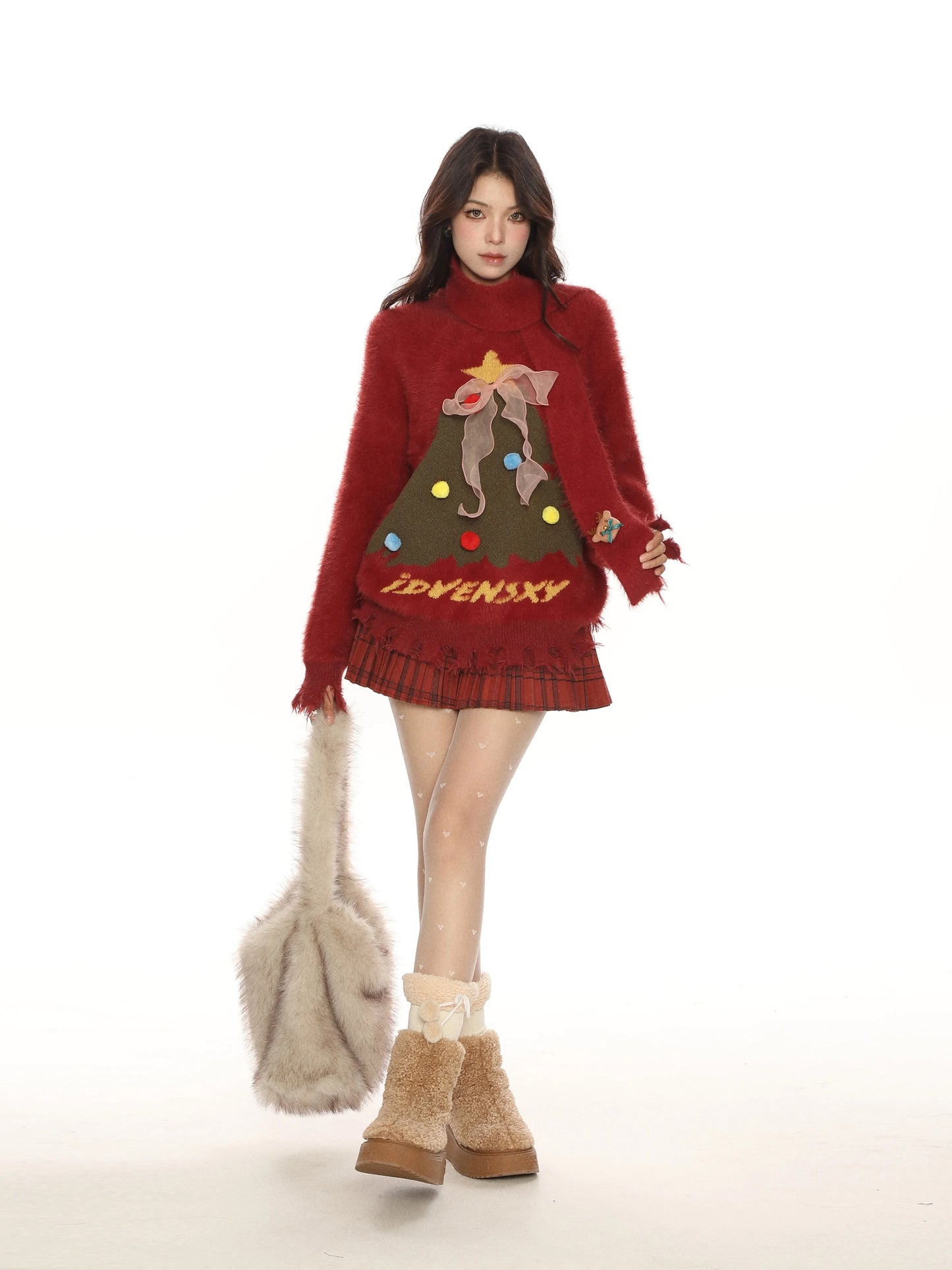 BIGGOLD Christmas-themed red sweater with scarf, women's autumn/winter style, soft and cozy mohair top.