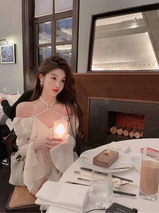 FairyJiang white halterneck chiffon shirt bell sleeves ruffled fairy atmosphere small shirt foreign style top