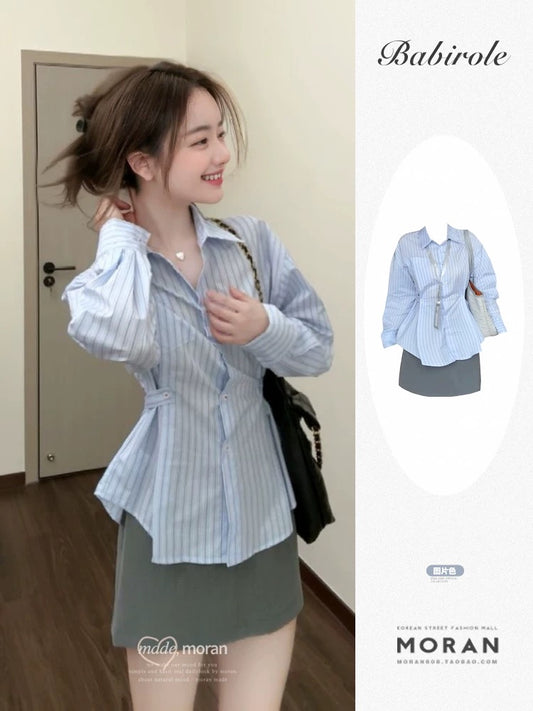 Korean style chic suit early spring with a complete set of waist striped shirt and short skirt two-piece suit unique temperament beautiful
