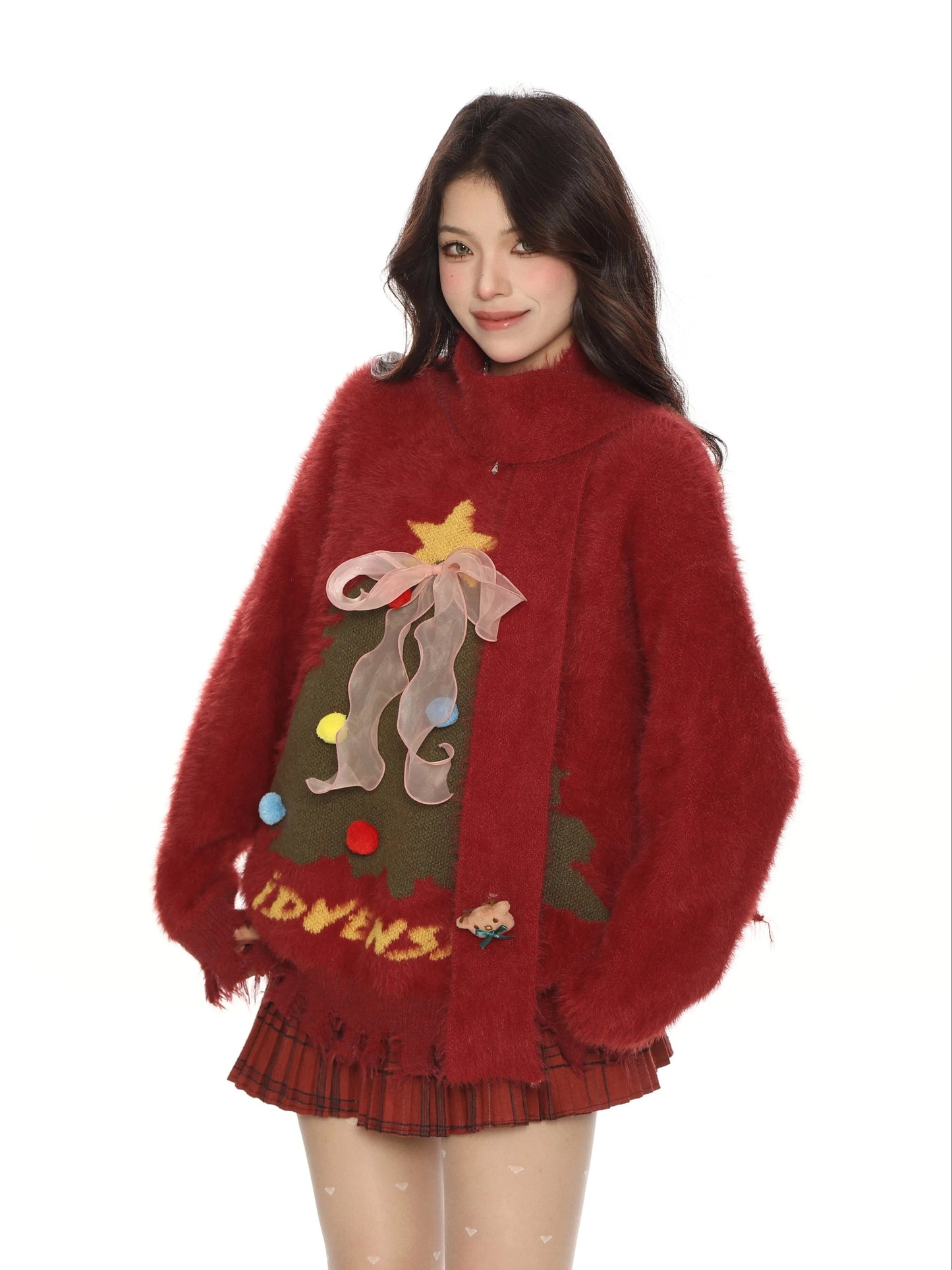 BIGGOLD Christmas-themed red sweater with scarf, women's autumn/winter style, soft and cozy mohair top.