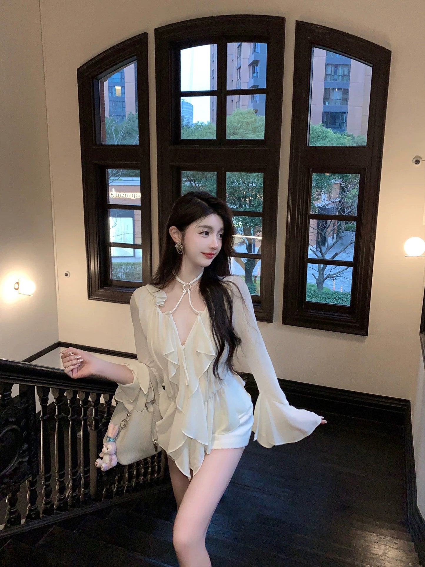 FairyJiang white halterneck chiffon shirt bell sleeves ruffled fairy atmosphere small shirt foreign style top