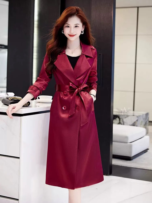 High-end red trench coat for women, mid-length, 2025 spring and autumn new high-end imitation acetate satin drape coat