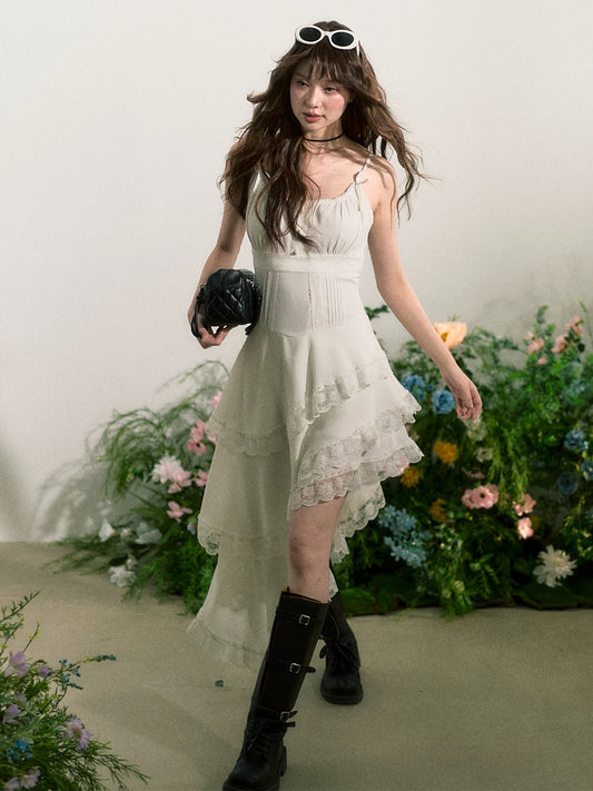 RECOINR1C White holiday suspender dress female 2025 summer irregular cake skirt waist long skirt