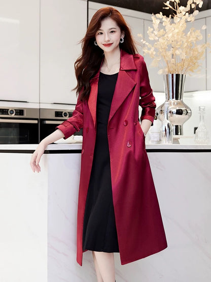 High-end red trench coat for women, mid-length, 2025 spring and autumn new high-end imitation acetate satin drape coat