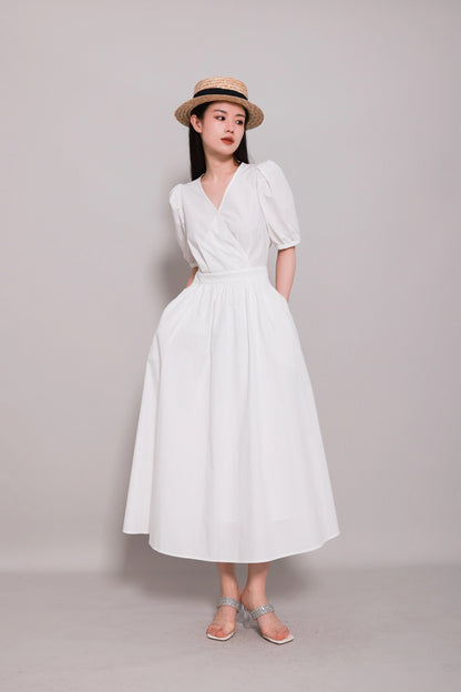 Huajia studio new 2024 summer commuting V-neck high waist peacock blue solid color pullover backless short-sleeved long skirt