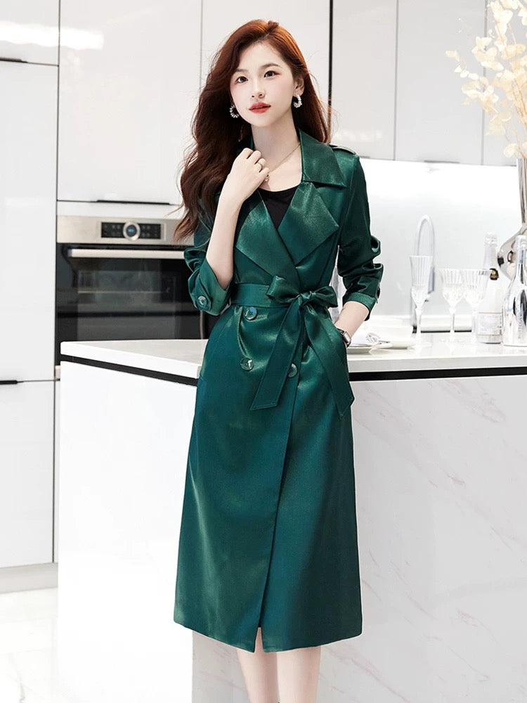 High-end red trench coat for women, mid-length, 2025 spring and autumn new high-end imitation acetate satin drape coat
