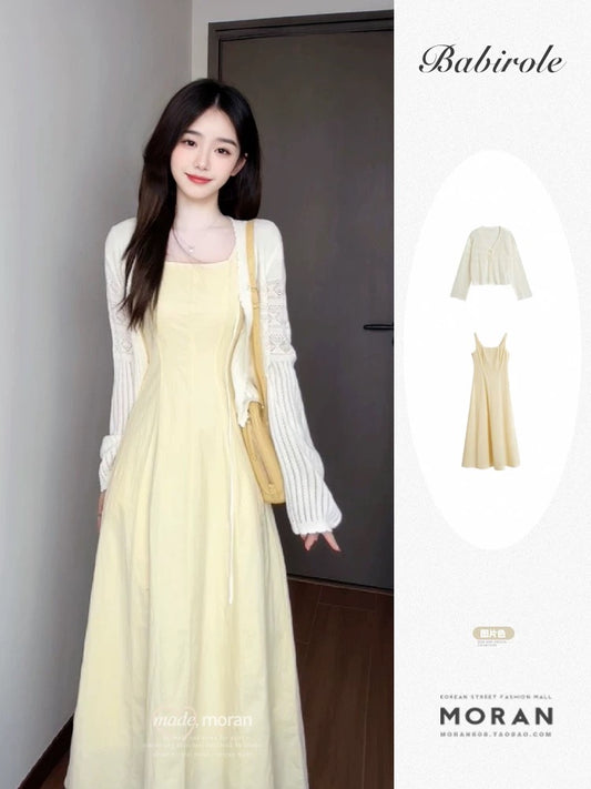 French square neck suspender dress for women 2025 spring and summer new style waist temperament long skirt with cardigan suit