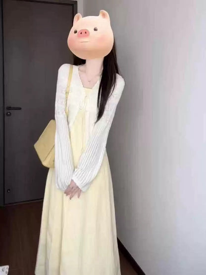 French square neck suspender dress for women 2025 spring and summer new style waist temperament long skirt with cardigan suit