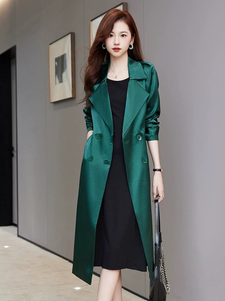 High-end red trench coat for women, mid-length, 2025 spring and autumn new high-end imitation acetate satin drape coat