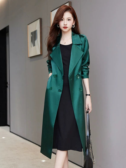 High-end red trench coat for women, mid-length, 2025 spring and autumn new high-end imitation acetate satin drape coat