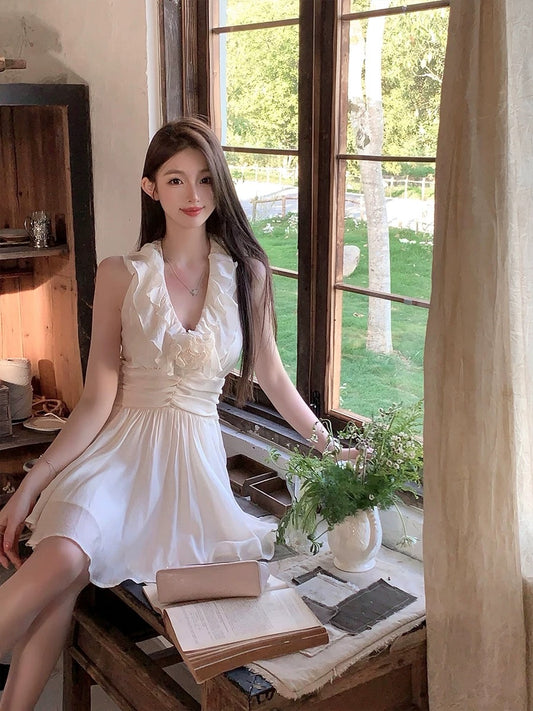 FairyJiang Summer Tencel Ruffled V-neck White Vest Dress Short Waist Slim Fairy Skirt