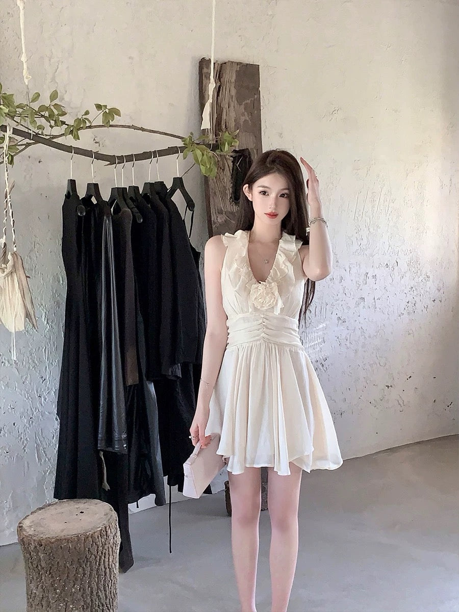 FairyJiang Summer Tencel Ruffled V-neck White Vest Dress Short Waist Slim Fairy Skirt