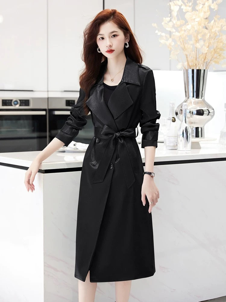 High-end red trench coat for women, mid-length, 2025 spring and autumn new high-end imitation acetate satin drape coat