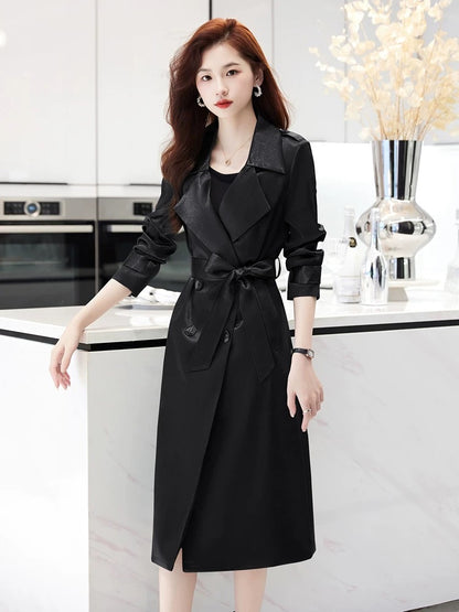 High-end red trench coat for women, mid-length, 2025 spring and autumn new high-end imitation acetate satin drape coat