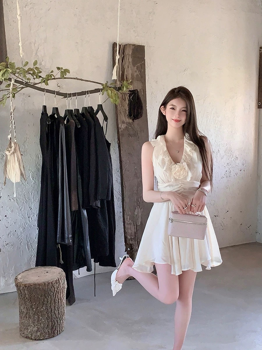 FairyJiang Summer Tencel Ruffled V-neck White Vest Dress Short Waist Slim Fairy Skirt