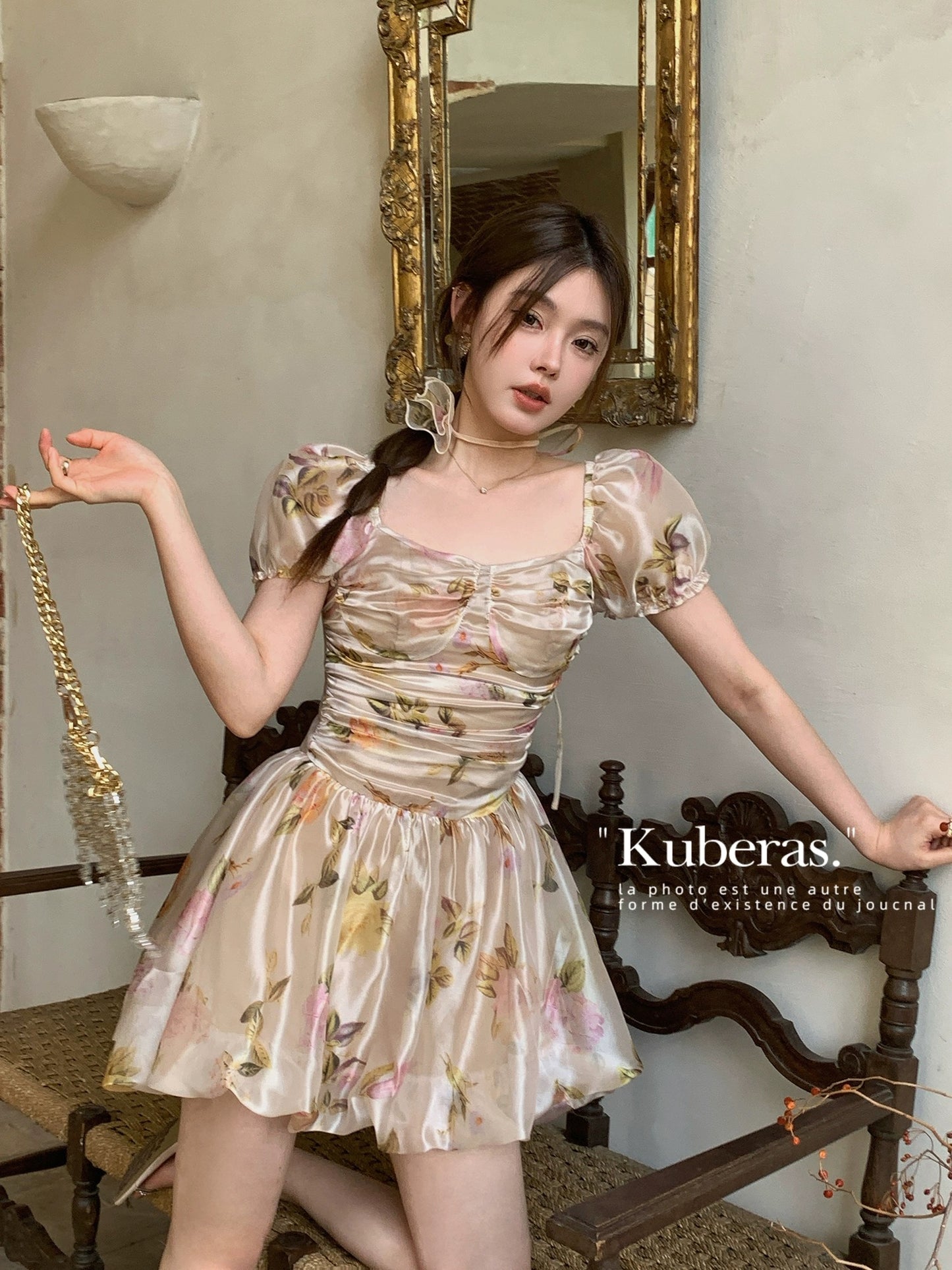 KUBERAS [Camellia Fu] Retro and fashionable one-shoulder ink-painted flower puff-sleeve dress in 2 colors