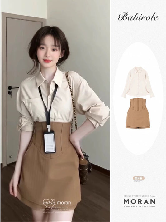French retro design high-end shirt waist-shaping skirt pants early spring wear a complete set of temperament two-piece suit