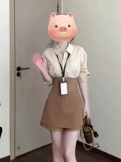 French retro design high-end shirt waist-shaping skirt pants early spring wear a complete set of temperament two-piece suit