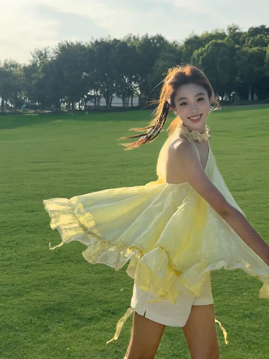 RECOIN R1C Lu Si same style holiday style yellow ruffle dress female petite suspender tutu skirt