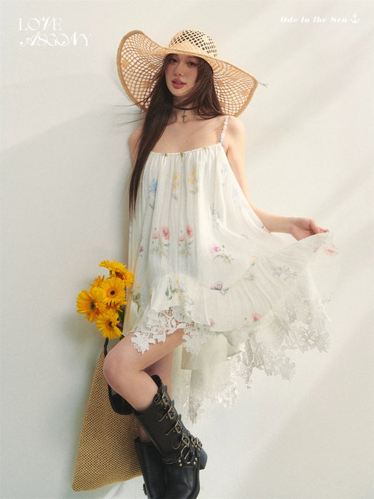 AsGony "Dream Whispering Flower Language" Flower Print Lace Splicing Beaded Irregular Floral Sling Dress