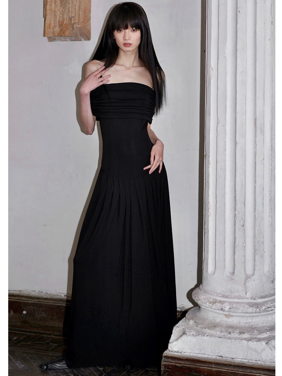 Bad Taste West niche off-shoulder solid color slim long two-piece dress