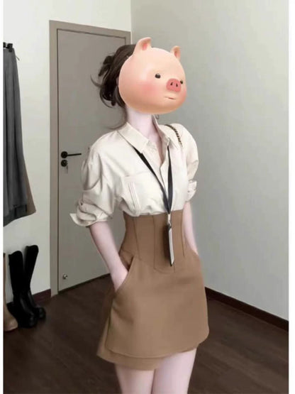 French retro design high-end shirt waist-shaping skirt pants early spring wear a complete set of temperament two-piece suit