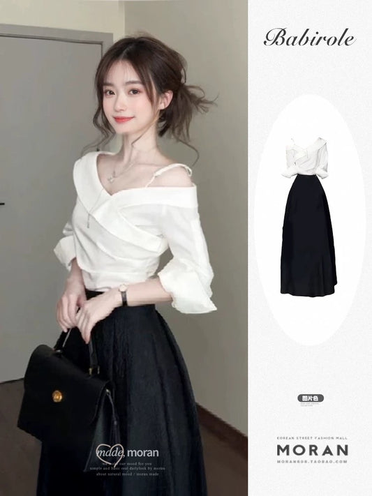 Korean design niche white one-shoulder shirt top black half-length umbrella skirt mid-length two-piece suit summer