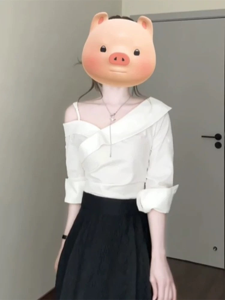Korean design niche white one-shoulder shirt top black half-length umbrella skirt mid-length two-piece suit summer