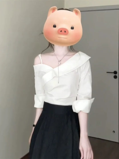 Korean design niche white one-shoulder shirt top black half-length umbrella skirt mid-length two-piece suit summer