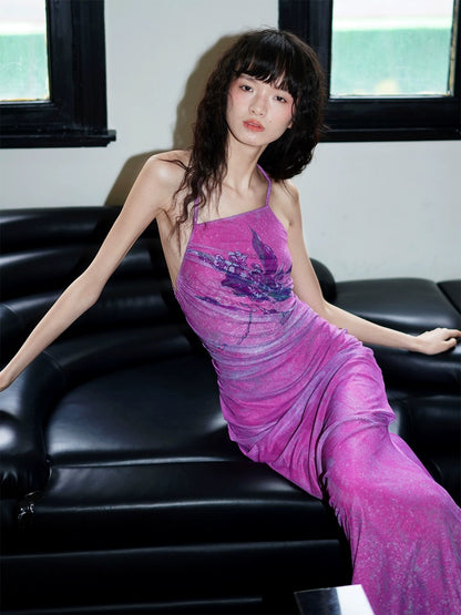 Bad Taste Western New Chinese Printed Vacation Mesh Retro Long Backless Dress in Stock