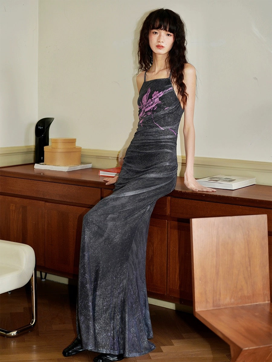 Bad Taste Western New Chinese Printed Vacation Mesh Retro Long Backless Dress in Stock