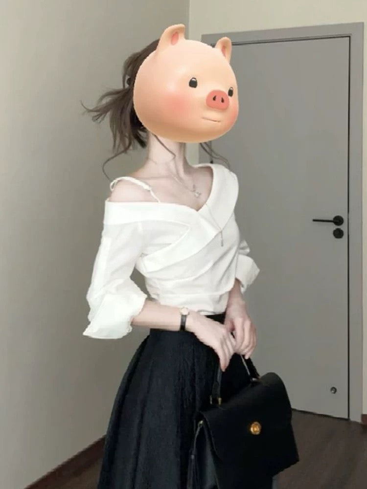 Korean design niche white one-shoulder shirt top black half-length umbrella skirt mid-length two-piece suit summer