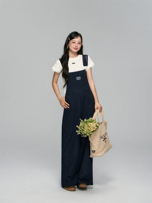 Zhang Xiaowan's same style AsGony flower hollow cotton overalls summer thin sailing hollow straight jumpsuit