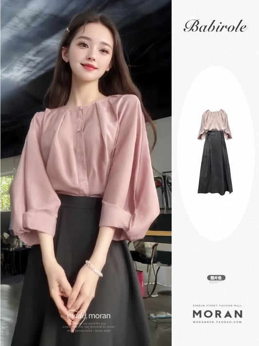 French temperament early spring outfit a complete set of pink puff sleeve design shirt top skirt two-piece suit