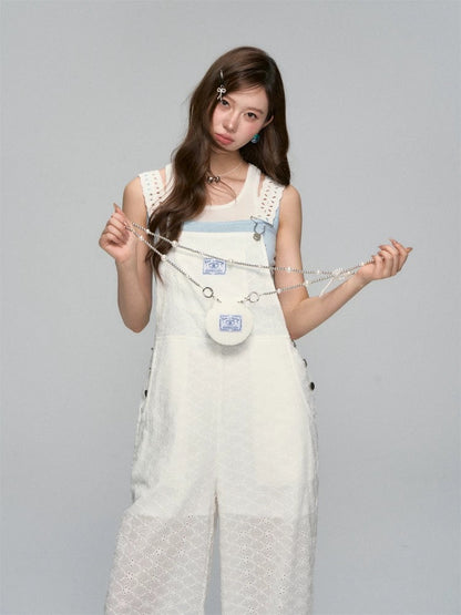 Zhang Xiaowan's same style AsGony flower hollow cotton overalls summer thin sailing hollow straight jumpsuit
