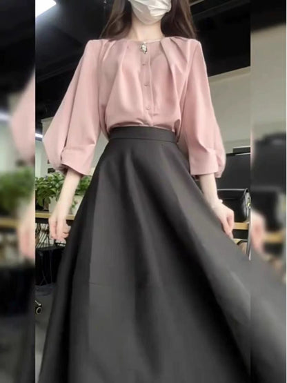 French temperament early spring outfit a complete set of pink puff sleeve design shirt top skirt two-piece suit