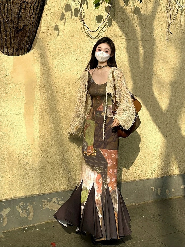 MOXI new Chinese style vintage dress stretch niche design slim printed long suspender dress