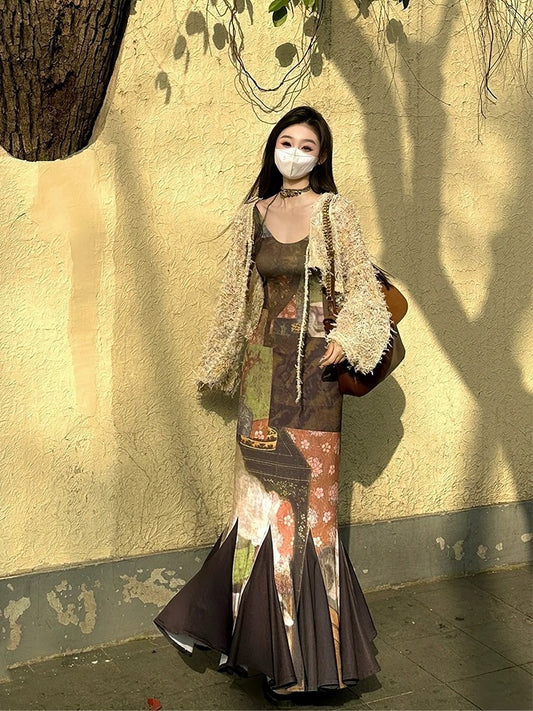 MOXI new Chinese style vintage dress stretch niche design slim printed long suspender dress