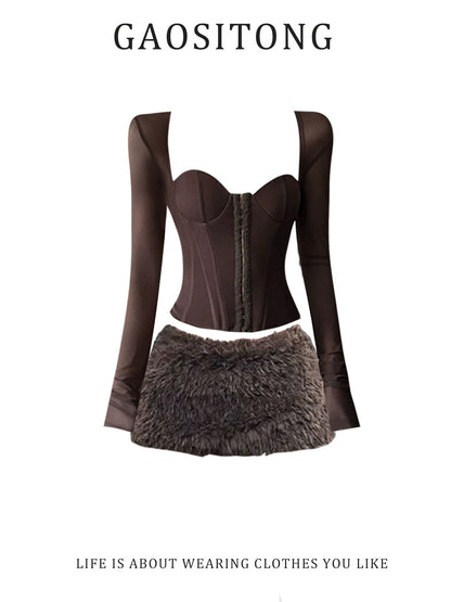 GAOSITONG American-style sexy girl mesh patchwork fishbone top women's winter 2025 retro fur bodycon skirt set