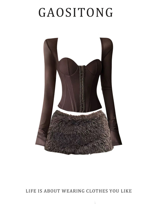 GAOSITONG American-style sexy girl mesh patchwork fishbone top women's winter 2025 retro fur bodycon skirt set